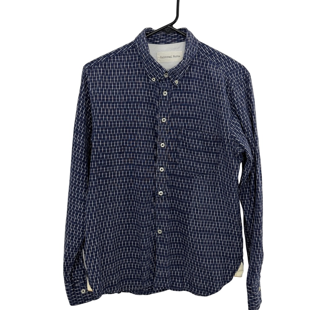 Universal Works Shirt Mens Small Indigo Blue Ikat Grid Print Button Down